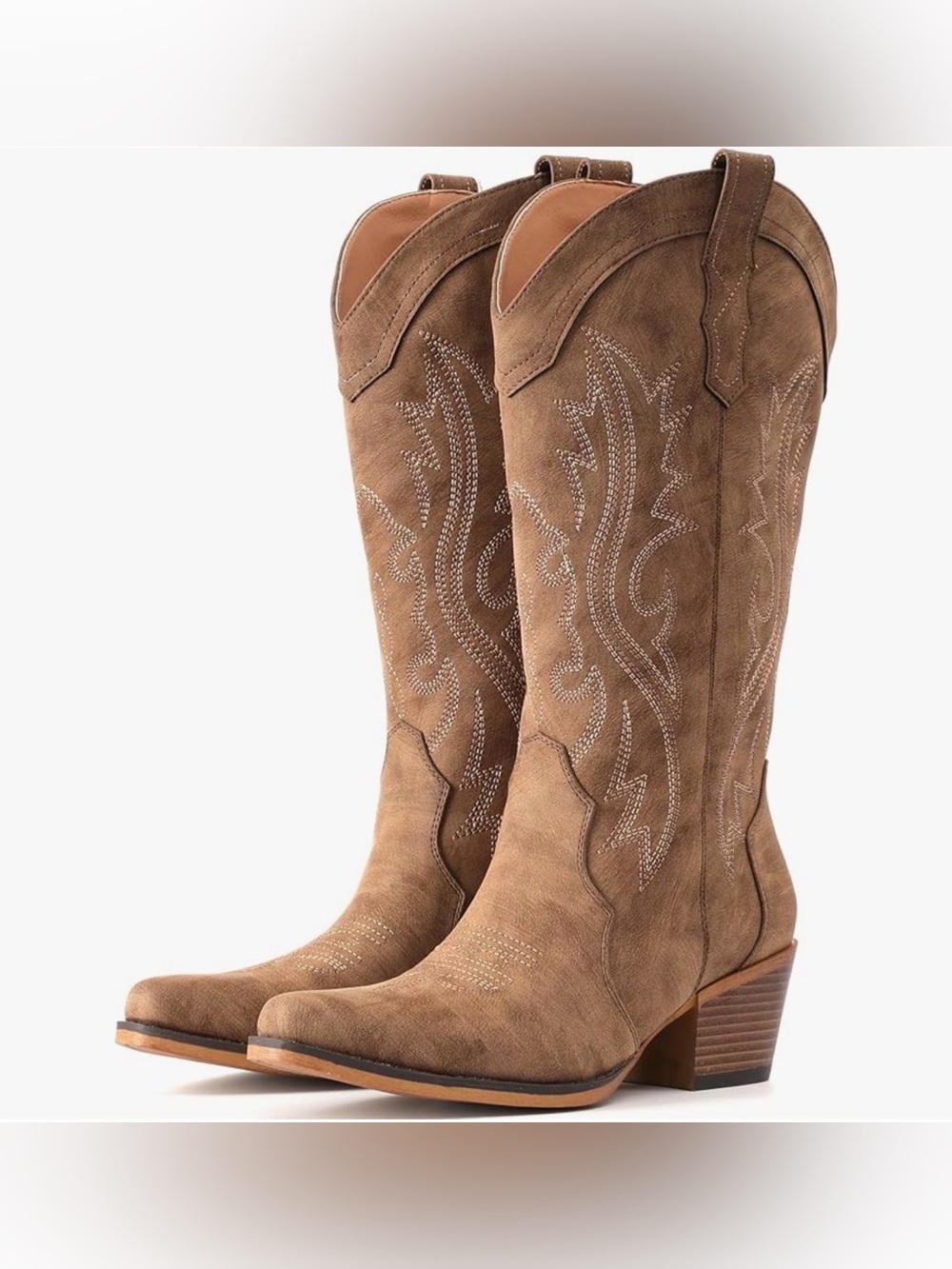 Women’s Tan Suede Western Knee Boots with Embroidered Shaft